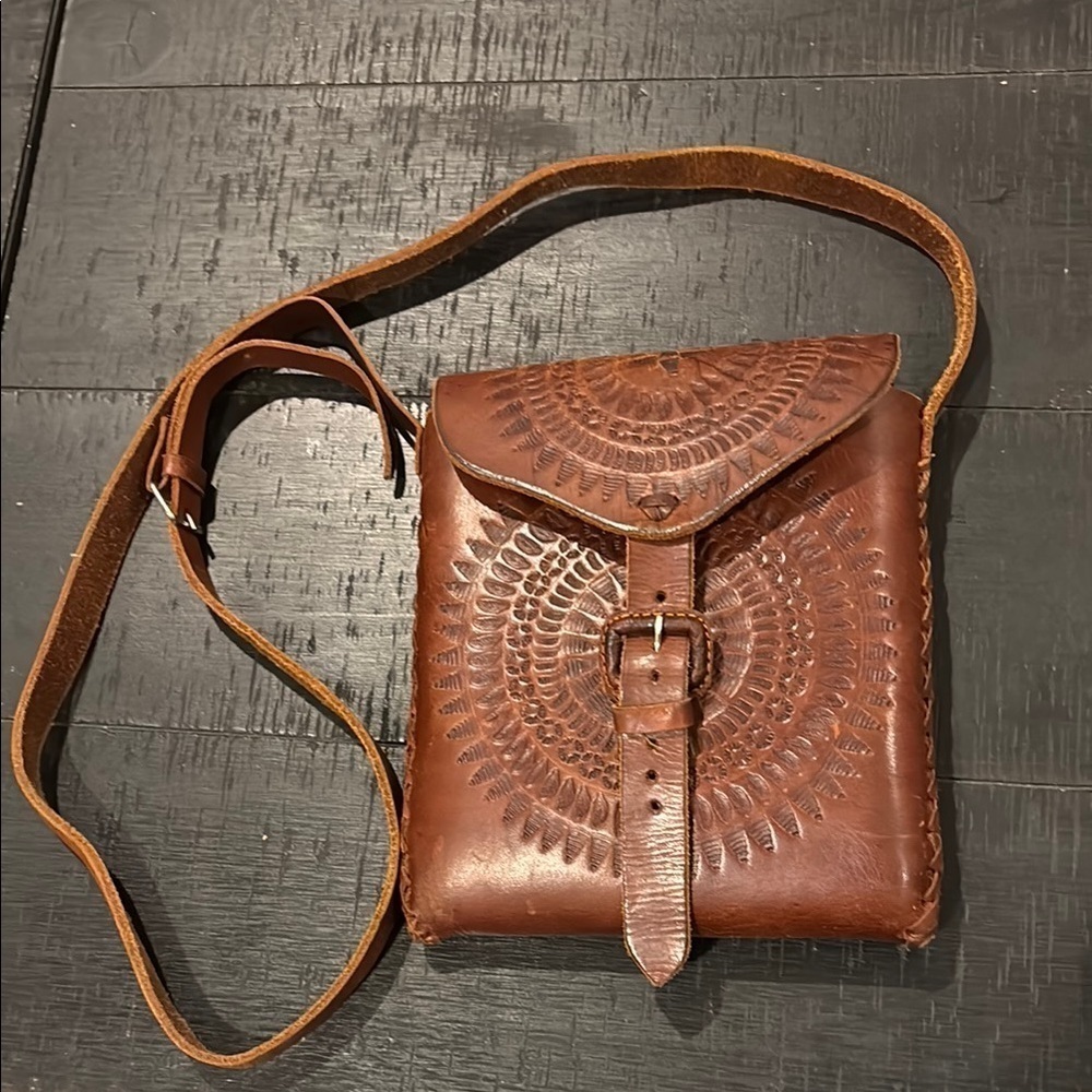 Artisan Brown Leather Tooled Pattern Boho Western Crossbody Adjustable Bag Purse